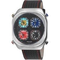 GV2 Men's Quattro Zone, SS Case, Black dial, 4 time zone, sub dial, Black w/Blue & Red Stitching Handmade Italian Leather Strap