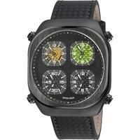 GV2 Men's Quattro Zone, IPBK Case, Black dial, 4 time zone, sub dial, Black w/White Stitching Handmade Italian Leather Strap