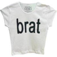 Unisex Trending Cotton Blend Slim Fit Cropped Women'S T-Shirt - Gothic Brat Letter Print, Stretch, Black Or White