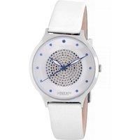 Orstead Silver Sunray Dial Watch, UP Dots & Swarovski Indexes, White Matte Leather Band
