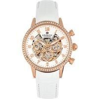 Beatrice Automatic Skeleton Dial Leather-Band Watch with Day & Date