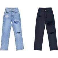 High Waist Straight Leg Ripped Jeans - Black Or Blue