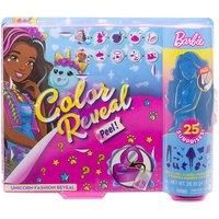 Barbie Color Reveal Peel Doll Set with 25 Surprises Including Pink Peel-able Doll & Pet, 16 Mystery Bags with Clothes & Accessories for Unicorn-Inspired Looks; 4Color-Change Features; Gift 3YO & up
