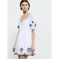 French Connection Cotton Embroidered Bow Neck Puff Sleeve Babydoll Dress