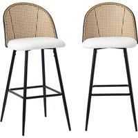 Set Of 2 Boho Rattan Bar Chairs With White Boucle Upholstery