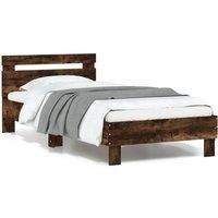 Bed Frame with Headboard and LED Lights Smoked Oak 90x190 cm Single