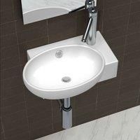 Ceramic Sink Basin Faucet & Overflow Hole Bathroom White