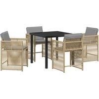 5 Piece Garden Dining Set with Cushions Beige Poly Rattan