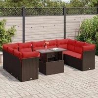 10 Piece Garden Sofa Set with Cushions Brown Poly Rattan Acacia
