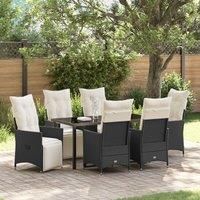7 Piece Garden Dining Set with Cushions Black Poly Rattan