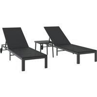 Sunbeds 2 pcs with Wheels and Table Black Poly Rattan