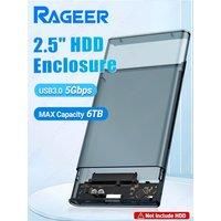 RAGEER Tool-Free Transparent Gray 2.5'' External Hard Drive Enclosure USB to SATA III 5Gbps HDD Case for 7mm/9.5mm Drives w/UASP
