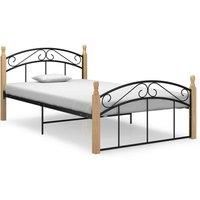 Bed Frame Black Metal and Solid Oak Wood 120x200 cm