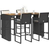 5 Piece Garden Bar Set with Cushions Black Poly Rattan Acacia