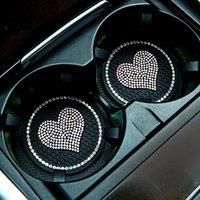 2pcs DIY Bling Crystal Diamond Rhinestone Car Coaster, Heart Pattern, Acrylic Non-Slip Cup Holder,