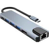 2007U3 Type-C 6-In-1 USB Docking Station Computer Office Game Accessories 1000M RJ45 HDMI 4K/30Hz Laptop 3USB 3.0Ports 1PD 100W