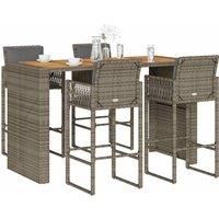 5 Piece Garden Bar Set with Cushions Grey Poly Rattan Acacia