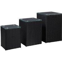 Side Tables 3 pcs with Glass Top Black Poly Rattan