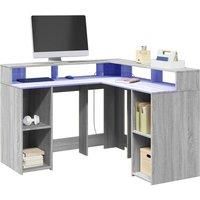 Desk with LED Lights Grey Sonoma 130x130x91 cm Engineered Wood