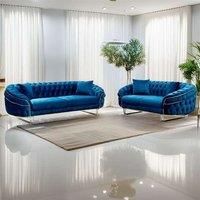 Cammen 3+2 Plush Velvet Chesterfield Sofa Set in 3 Colors - Blue 3+2