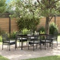 7 Piece Garden Dining Set with Cushions Black Poly Rattan