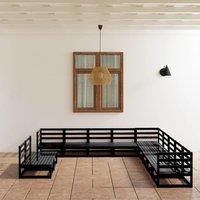 11 Piece Garden Lounge Set Black Solid Pinewood