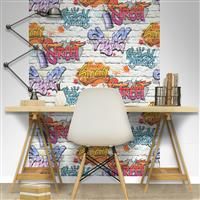 Urban Street Style Multi Graffiti Tag Spray Paint White Brick Kids Wallpaper