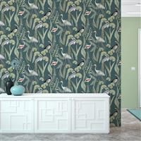Muriva Eden Kivu Birds Water Plants Wallpaper Dark Green M37414