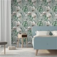 Muriva Eden Isla Tropical Leaf Plants Wallpaper Grey/Green M37809