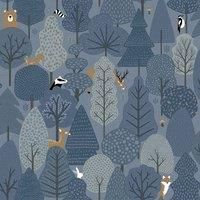 Muriva Wild Woodland Animal Scandi Trees Wallpaper Kids Nursery Navy Blue M51601
