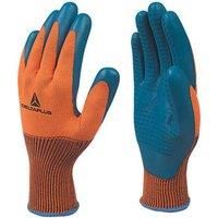 Delta Plus VE733OR09 glove in fine woven polyester, latex coated palm, orange / navy blue, size 09, one pair of gloves