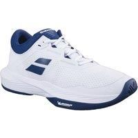 Babolat Men/'s, SFX 4 AC M Tennis Shoes, Size 8, White/Dark Blue, Superior Comfort, Wide Fit, Optimal Support, Extra Cush Technology, Lightweight and Ventilated Upper, Thick Ortholite Sole, 8 UK