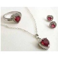 Heart Necklace Earrings & Ring Set - Red