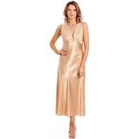 Lady Olga Women's English Made Long Satin Nightdress with Lace Built Up Shoulder in Gold | Size: 22-24