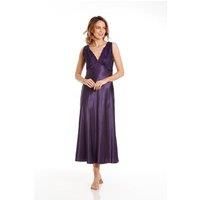 Lady Olga Women's English Made Long Satin Nightdress with Lace Built Up Shoulder in Purple | Size: 18-20