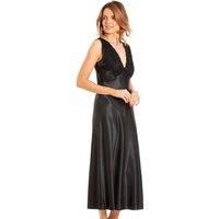 Lady Olga Women's English Made Long Satin Nightdress with Lace Built Up Shoulder in Black | Size: 22-24
