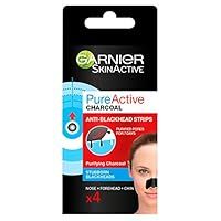 Garnier Pure Active Anti-Blackhead Charcoal Nose Strips for Clear and Unclogged Pores - Blackhead Remover for Use on Nose, Forehead and Chin X4