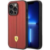 CG MOBILE Ferrari Phone Case for iPhone 14 Pro in Red Embossed Stripes, Protective Leather, Durable & Anti-Scratch Case with Easy Snap-on, Shock Absorption & Signature Logo