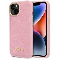 Guess Phone Case for iPhone 14 in Pink Croco Pattern, PU Leather Protective & Anti-Scratch Case with Accessible Ports, Shock Absorption & Signature Logo