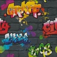 Rasch Wallpaper 237801 Black Brick with Graffiti