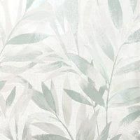 Tropical Sage Green Wallpaper Fiji Leaves Textured Vinyl Rasch 311631 Metallic