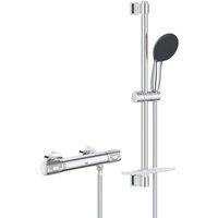 GROHE Precision Feel – Exposed Thermostat Shower Set (Round 11 cm Hand Shower 3 Sprays: Rain, Jet & Massage, Shower Hose 1.75 m, Rail with Tray 60 cm, Safety Functions, Water Saving), Chrome, 34791001