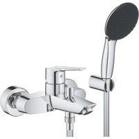 GROHE Start QuickFix – Single Lever Bath Filler Mixer Tap Set (Diverter: Bath/Shower, Round 11cm Hand Shower 1 Spray: Rain, Wall Holder, Shower Hose 1.5m, Water Saving, Wall Mounted), Chrome, 25283002