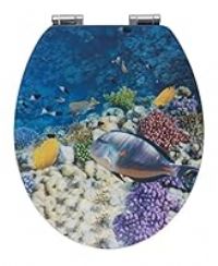 WENKO 22975100 Toilet seat Fish 3D - Toilet seat with soft closing mechanism, rustproof Fix-Clip hygienic zinc pressure cast mounting element, MDF, 38 x 44.5 cm, Multicoloured