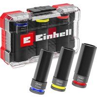 Original Einhell Impact Socket Set 3-Piece (CrMo Steel, ½ Square Drive, 80 mm Length, 17/19/21 mm, Manganese-phosphated, Colored Rings, EVA Inlay in M-CASE)