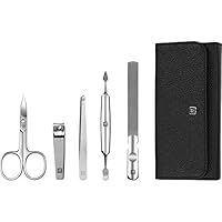 ZWILLING Travel Size Manicure Set 5 Pieces with Nail Clippers in 100% Leather Case Black