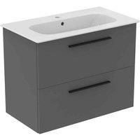 Ideal Standard I.life A 80Cm Matt Quartz Grey Wall Hung Vanity Unit, 84Cm White Vanity Basin And Black Handle Pack