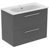 Ideal Standard I.life A 80Cm Matt Quartz Grey Wall Hung Vanity Unit, 84Cm White Vanity Basin And Chrome Handle Pack