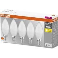 OSRAM LED BASE Classic B40, frosted filament LED lamps made of glass for E14 base, candle shape, warm white (2700K), 806 lumen, replaces conventional 40W bulbs, box of 5