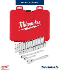 Milwaukee Genuine 1/4in Drive 28pc Ratchet & Socket Set Anti-Roll Metric